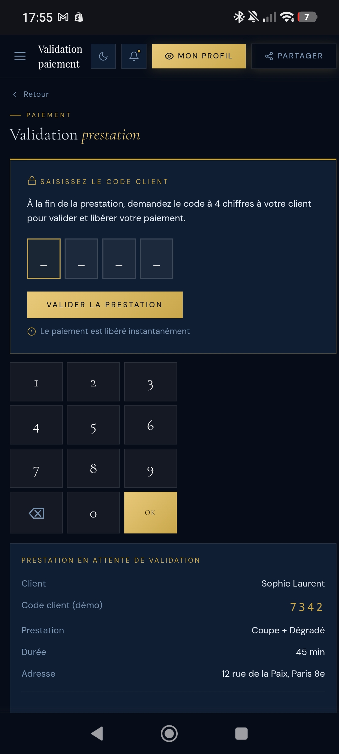 Validation de prestation FYGU sur mobile